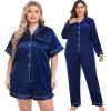 image:imageSWOMOG Women Plus Size Pajama Set 4pcs Silk Satin Sleepwear Button Down Pjs Cami Shorts Set Loose Loungewear 16W26WMidnight Blue