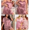 image:imageSWOMOG Women Plus Size Pajama Set 4pcs Silk Satin Sleepwear Button Down Pjs Cami Shorts Set Loose Loungewear 16W26WMisty Rose
