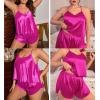 image:imageSWOMOG Women Plus Size Pajama Set 4pcs Silk Satin Sleepwear Button Down Pjs Cami Shorts Set Loose Loungewear 16W26WRose Red