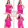 image:imageSWOMOG Women Plus Size Pajama Set 4pcs Silk Satin Sleepwear Button Down Pjs Cami Shorts Set Loose Loungewear 16W26WRose Red