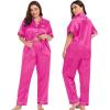 image:imageSWOMOG Women Plus Size Pajama Set 4pcs Silk Satin Sleepwear Button Down Pjs Cami Shorts Set Loose Loungewear 16W26WRose Red