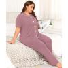 image:imageSWOMOG Womens Plus Size Pajama Set Short Sleeve Sleepwear Top and Pants Button Up Pajamas for Women LoungewearTaro Purple