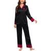 image:imageSWOMOG Womens Silk Satin Pajamas Set Long Sleeve Sleepwear Two Pieces Loungewear Set ButtonDown Contrast Pjs SetBlack
