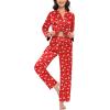 image:imageSWOMOG Womens Silk Satin Pajamas Set Long Sleeve Sleepwear Two Pieces Loungewear Set ButtonDown Contrast Pjs SetChristmas Red