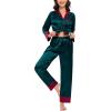 image:imageSWOMOG Womens Silk Satin Pajamas Set Long Sleeve Sleepwear Two Pieces Loungewear Set ButtonDown Contrast Pjs SetDeep Green