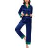 image:imageSWOMOG Womens Silk Satin Pajamas Set Long Sleeve Sleepwear Two Pieces Loungewear Set ButtonDown Contrast Pjs SetNavy Blue