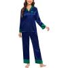 image:imageSWOMOG Womens Silk Satin Pajamas Set Long Sleeve Sleepwear Two Pieces Loungewear Set ButtonDown Contrast Pjs SetNavy Blue