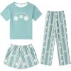 image:imageSWOMOG Girls Pajamas Sets 3 Piece Short Sleeve Sleepwear Summer Cute Pjs Cartoon Print Loungewear for Kids Size 615Green Daisy