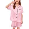 image:imageSWOMOG Kids Satin Pajamas Sets Girls Boys ButtonDown Pjs Short Sleeve Silk Nightwear 2 Piece Lounge SetsBaby Pink
