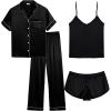 image:imageSWOMOG Women Plus Size Pajama Set 4pcs Silk Satin Sleepwear Button Down Pjs Cami Shorts Set Loose Loungewear 16W26WBlack