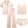 image:imageSWOMOG Women Plus Size Pajama Set 4pcs Silk Satin Sleepwear Button Down Pjs Cami Shorts Set Loose Loungewear 16W26WChampagne