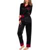 image:imageSWOMOG Womens Silk Satin Pajamas Set Long Sleeve Sleepwear Two Pieces Loungewear Set ButtonDown Contrast Pjs SetBlack