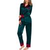 image:imageSWOMOG Womens Silk Satin Pajamas Set Long Sleeve Sleepwear Two Pieces Loungewear Set ButtonDown Contrast Pjs SetDeep Green