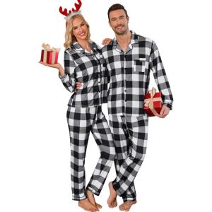 image:imageSWOMOG Family Christmas Pajamas Set Women amp Men Long Sleeve Pj Set Party Sleepwear ButtonDown Loungewear SetBlack White Grid