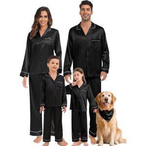 image:imageSWOMOG Family Matching Button Down Pajamas Pjs Silk Satin Long Sleeve Shirt Long Pants Set Sleepwear 2 Pcs Outfits LoungewearBlack