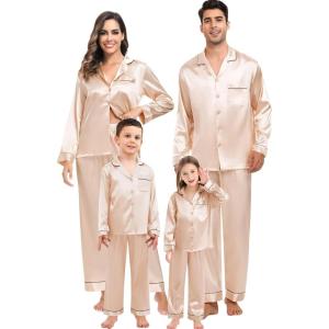 image:imageSWOMOG Family Matching Button Down Pajamas Pjs Silk Satin Long Sleeve Shirt Long Pants Set Sleepwear 2 Pcs Outfits LoungewearChampagne