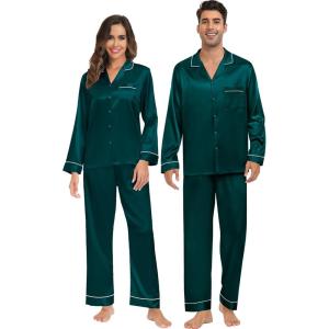 image:imageSWOMOG Family Matching Button Down Pajamas Pjs Silk Satin Long Sleeve Shirt Long Pants Set Sleepwear 2 Pcs Outfits LoungewearDark Green