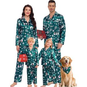 image:imageSWOMOG Family Matching Button Down Pajamas Pjs Silk Satin Long Sleeve Shirt Long Pants Set Sleepwear 2 Pcs Outfits LoungewearGreen Snowman