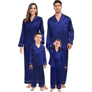 image:imageSWOMOG Family Matching Button Down Pajamas Pjs Silk Satin Long Sleeve Shirt Long Pants Set Sleepwear 2 Pcs Outfits LoungewearNavy Blue