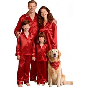 image:imageSWOMOG Family Matching Button Down Pajamas Pjs Silk Satin Long Sleeve Shirt Long Pants Set Sleepwear 2 Pcs Outfits LoungewearRed