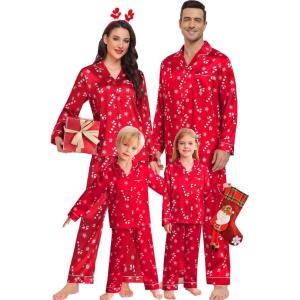 image:imageSWOMOG Family Matching Button Down Pajamas Pjs Silk Satin Long Sleeve Shirt Long Pants Set Sleepwear 2 Pcs Outfits LoungewearRed Candy Cane