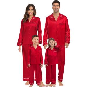 image:imageSWOMOG Family Matching Button Down Pajamas Pjs Silk Satin Long Sleeve Shirt Long Pants Set Sleepwear 2 Pcs Outfits LoungewearReda