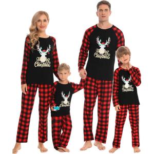 image:imageSWOMOG Family Matching Christmas Pajamas Sets MenWomen Plaid Pants Loungewear and Printed Long Sleeve PjsAgold Letter Deer