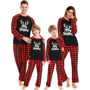 image:imageSWOMOG Family Matching Christmas Pajamas Sets MenWomen Plaid Pants Loungewear and Printed Long Sleeve PjsAletter Deer