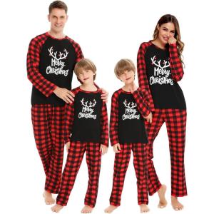 image:imageSWOMOG Family Matching Christmas Pajamas Sets MenWomen Plaid Pants Loungewear and Printed Long Sleeve PjsLetter Deer