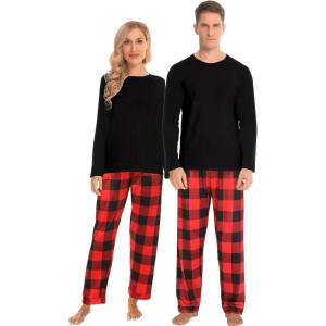 image:imageSWOMOG Family Matching Christmas Pajamas Sets MenWomen Plaid Pants Loungewear and Printed Long Sleeve PjsZred Black Plaid