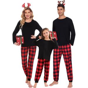 image:imageSWOMOG Family Matching Pajamas Set Christmas Plaid Pajamas for Men Women Long Sleeve Sleepwear Pjs SetRed Plaid Pantswith Pockets