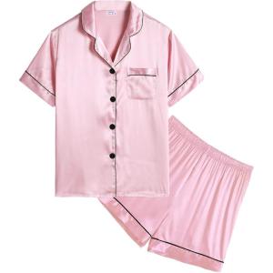 image:imageSWOMOG Kids Satin Pajamas Sets Girls Boys ButtonDown Pjs Short Sleeve Silk Nightwear 2 Piece Lounge SetsPink