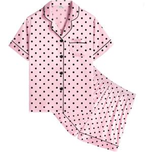 image:imageSWOMOG Kids Satin Pajamas Sets Girls Boys ButtonDown Pjs Short Sleeve Silk Nightwear 2 Piece Lounge SetsPink Dots