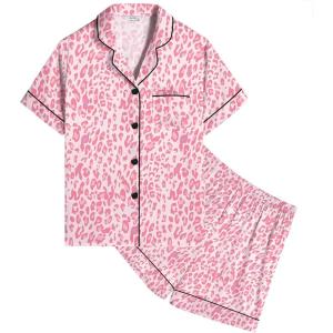 image:imageSWOMOG Kids Satin Pajamas Sets Girls Boys ButtonDown Pjs Short Sleeve Silk Nightwear 2 Piece Lounge SetsPink Leopard