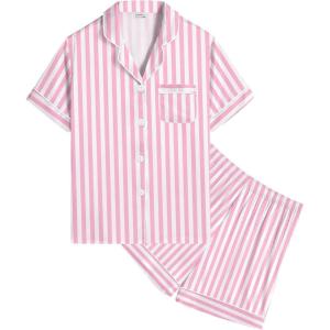 image:imageSWOMOG Kids Satin Pajamas Sets Girls Boys ButtonDown Pjs Short Sleeve Silk Nightwear 2 Piece Lounge SetsPink Striped