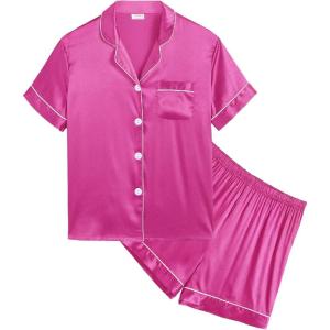 image:imageSWOMOG Kids Satin Pajamas Sets Girls Boys ButtonDown Pjs Short Sleeve Silk Nightwear 2 Piece Lounge SetsRose Red