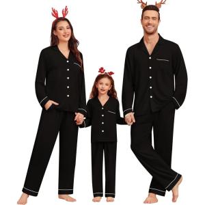 image:imageSWOMOG Matching Couple Christmas Pajamas Set Modal Long Sleeve ButtonDown Sleepwear Family Festival Party Xmas PJs SetsBlack
