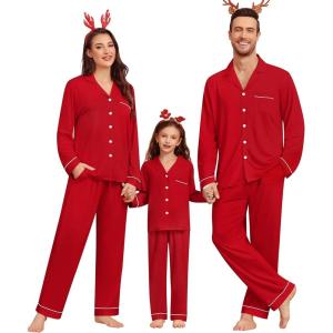image:imageSWOMOG Matching Couple Christmas Pajamas Set Modal Long Sleeve ButtonDown Sleepwear Family Festival Party Xmas PJs SetsChristmas Red
