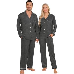 image:imageSWOMOG Matching Couple Christmas Pajamas Set Modal Long Sleeve ButtonDown Sleepwear Family Festival Party Xmas PJs SetsDeep Grey