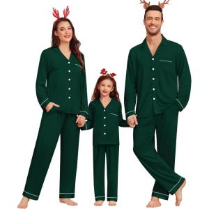 image:imageSWOMOG Matching Couple Christmas Pajamas Set Modal Long Sleeve ButtonDown Sleepwear Family Festival Party Xmas PJs SetsGreen