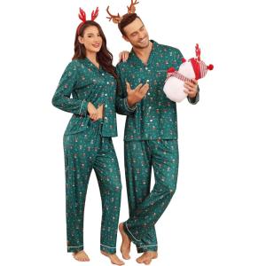 image:imageSWOMOG Matching Couple Christmas Pajamas Set Modal Long Sleeve ButtonDown Sleepwear Family Festival Party Xmas PJs SetsGreen Christmas Elk