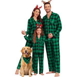 image:imageSWOMOG Matching Couple Christmas Pajamas Set Modal Long Sleeve ButtonDown Sleepwear Family Festival Party Xmas PJs SetsGreen With Black Grid