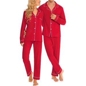 image:imageSWOMOG Matching Couple Christmas Pajamas Set Modal Long Sleeve ButtonDown Sleepwear Family Festival Party Xmas PJs SetsRed  Solid