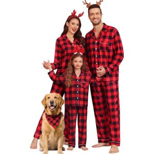 image:imageSWOMOG Matching Couple Christmas Pajamas Set Modal Long Sleeve ButtonDown Sleepwear Family Festival Party Xmas PJs SetsRed With Black Grid