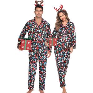 image:imageSWOMOG Matching Family Christmas Pajamas Set Long Sleeve Festival Party Pj Set ButtonDown SleepwearChristmas Light