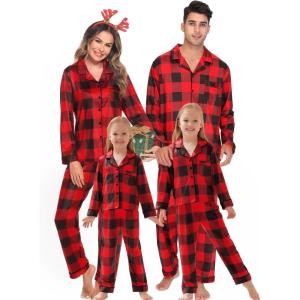 image:imageSWOMOG Matching Family Christmas Pajamas Set Long Sleeve Festival Party Pj Set ButtonDown SleepwearRed With Black Big Grid