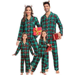 image:imageSWOMOG Matching Family Christmas Pajamas Set Long Sleeve Festival Party Pj Set ButtonDown SleepwearRed With Green Grid