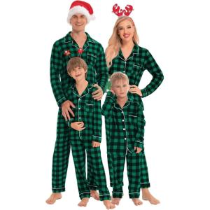 image:imageSWOMOG Matching Family Christmas Pajamas Set Long Sleeve Festival Party Pj Set ButtonDown SleepwearSmall Green Grid