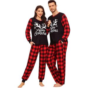 image:imageSWOMOG Matching Family Pajama Set Couple Christmas Printed Sleepwear Xmas Long Sleeve Lounge Set Men amp Women Pjs SetRed Christmas Elk