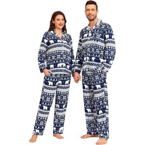 image:imageSWOMOG Matching Family Pajama Set Couple Christmas Printed Sleepwear Xmas Long Sleeve Lounge Set Men amp Women Pjs SetSnow Hatbuttons